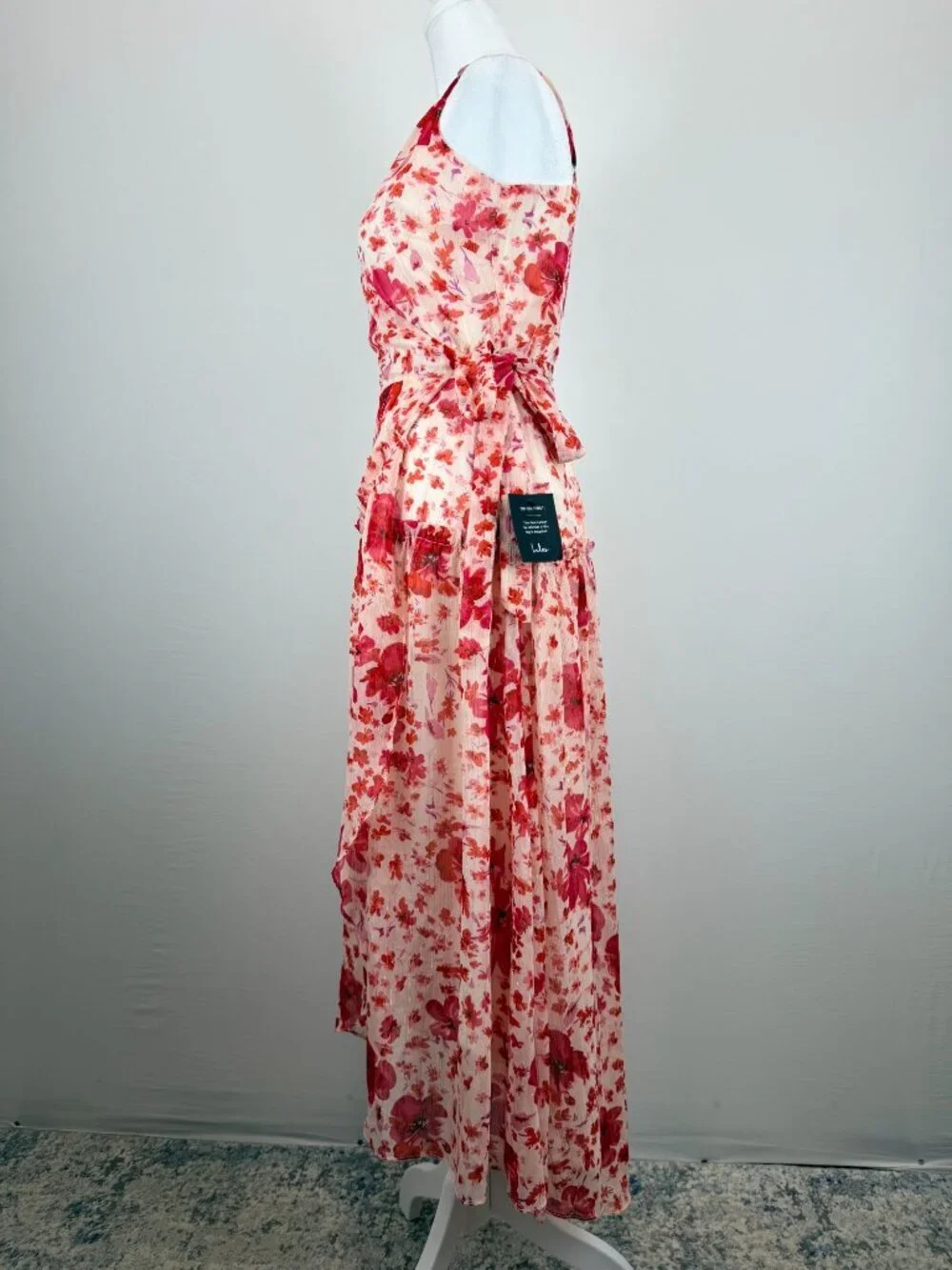 Lulus Womens Size S Pink Floral Wrap Midi Dress Ruffle Sleeveless NWT - Picture 5 of 16